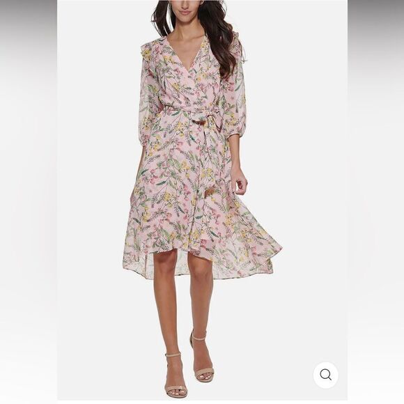 Tommy Hilfiger 3/4 Sleeve Surplice Floral Chiffon Wrap Dress NWT Sz14 - Picture 1 of 11